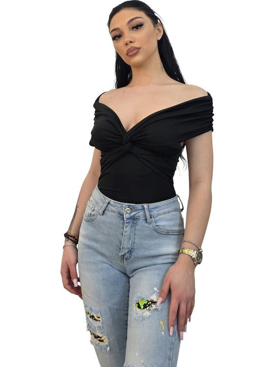 Elegant Regalis Bodysuit Shoulder Draping Fixed Knot Black