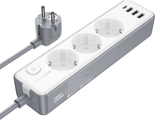 Borofone Πολύπριζο 3 Θέσεων με 3 USB-A, 1 USB-C και Καλώδιο 2m