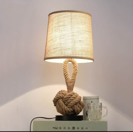 Natural Home Vintage Πορτατίφ από Σχοινί για Ντουί E27 με Μπεζ Καπέλο και Βάση