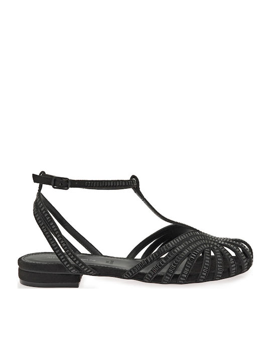 Women's Flat Sandals Black W47008311A93-BLACK D240G-06 Fab With Black Stones