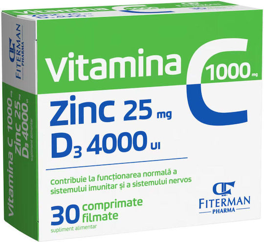 Fiterman Pharma Vitamina C 1000mg + Zinc 25mg + Vitamina D3 4000iu Vitamină pentru Susținerea Imunității, Pielii și Acțiune Antioxidantă Original 30 comprimate