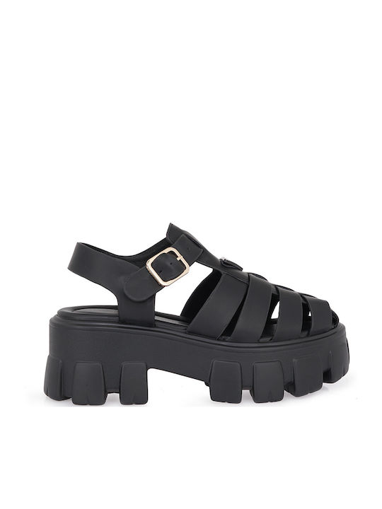 Δερμάτινα Γυναικεία Σανδάλια Flatforms Μαύρα