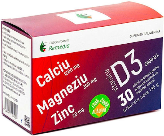 Laboratoarele Remedia Calciu + Magneziu + Zinc + Vitamina D3 200ml 30 Plicuri Portocală
