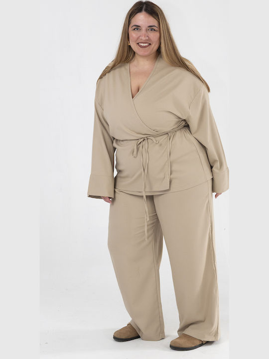 Damen Beige Set mit Hosen für Damen mit Gummiband