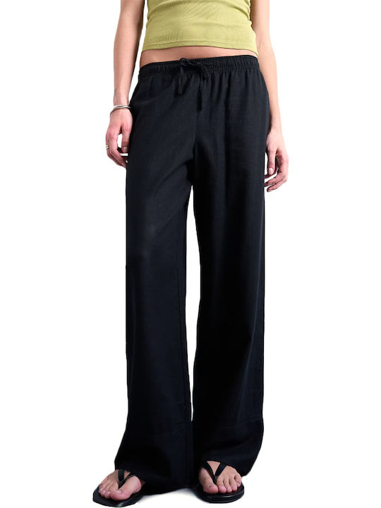 Topshop Women's Linen Trousers with Rubber Band in Straight Leg Style Black