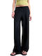 Women's Linen Trousers with Rubber Band in Straight Leg Style Black