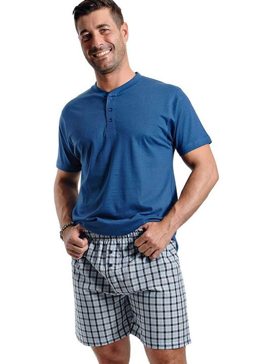 Ogham Sommer Karierte Herrenpyjama Bluse OG2308 Blau