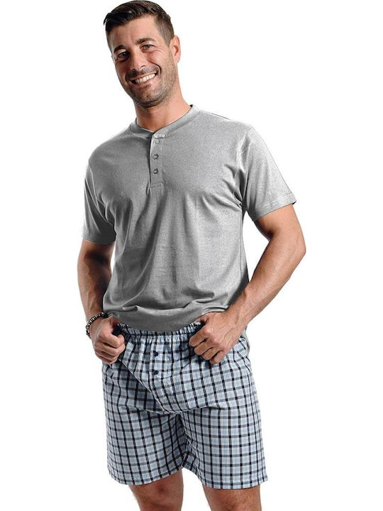 Ogham Sommer Karierte Herrenpyjama Bluse Grau Melange