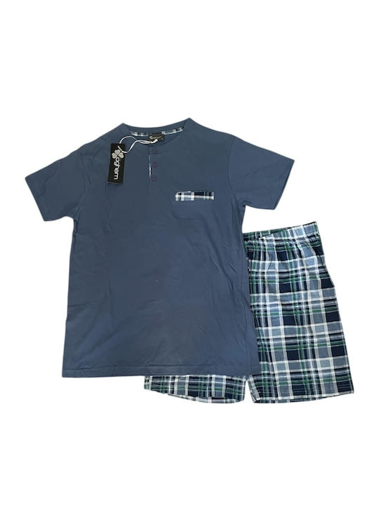 Ogham Summer Checked Men's Pyjama Shirt Sky Blue