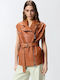 Leather Women's Sleeveless Jacket for Winter Brown