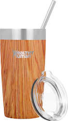 Healthy Human Recyclable Thermos Cup Stainless Steel / Plastic BPA Free 591ml Natural Wood with Straw