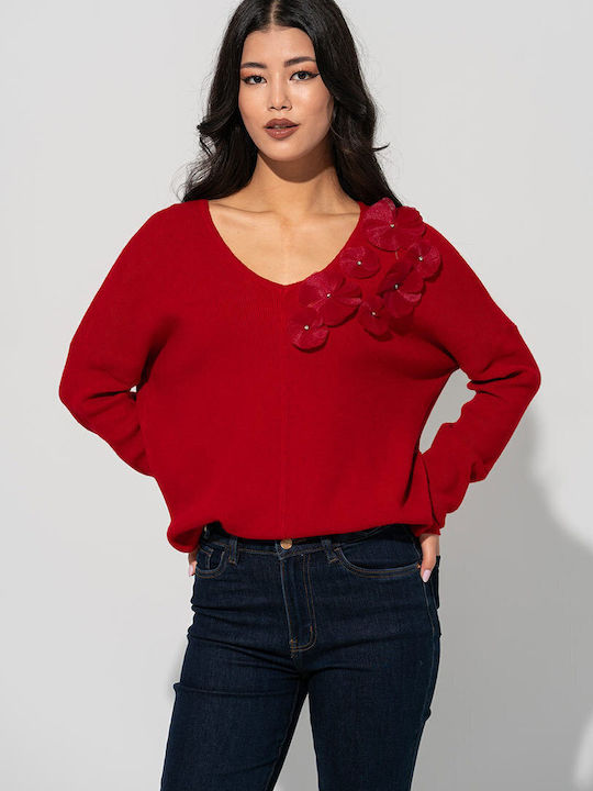 Pulover Damă Mânecă Lungă cu Decolteu în V Model Floral Roșu