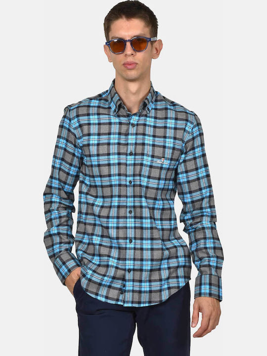 Long Sleeve Cotton Shirt in Regular Fit Checked Turquoise