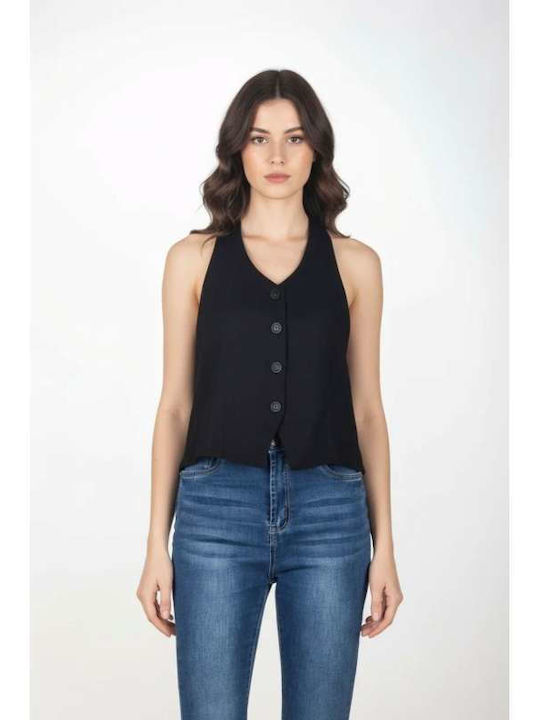 Women's Summer Linen Sleeveless Black Blouse