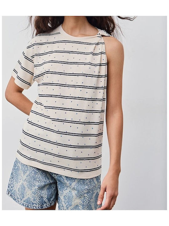 Women's Cotton Short Sleeve Striped Blouse Blue-navy