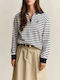 Women's Cotton Blouse with Zipper Striped Dark Blue