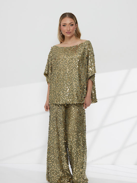 Damen Khaki Set mit Hose in Loose Passform mit Pailletten T4875_219