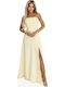 Καλοκαιρινό Maxi Βραδινό Φόρεμα Strapless Εξώπλατο με Σκίσιμο Butter Yellow