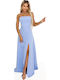 Sommer Maxi Damenkleid für Hochzeit - Taufe Trägerlos Offener Rücken Himmelblau