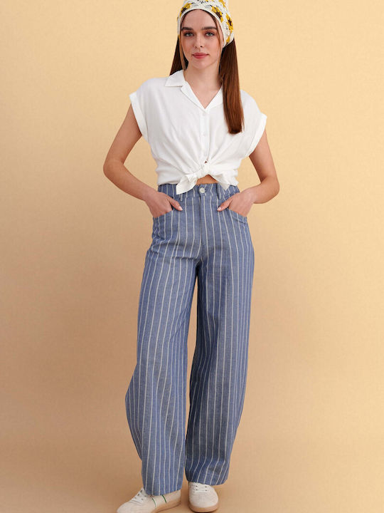 Women's High Rise Fabric Trousers Striped Blue