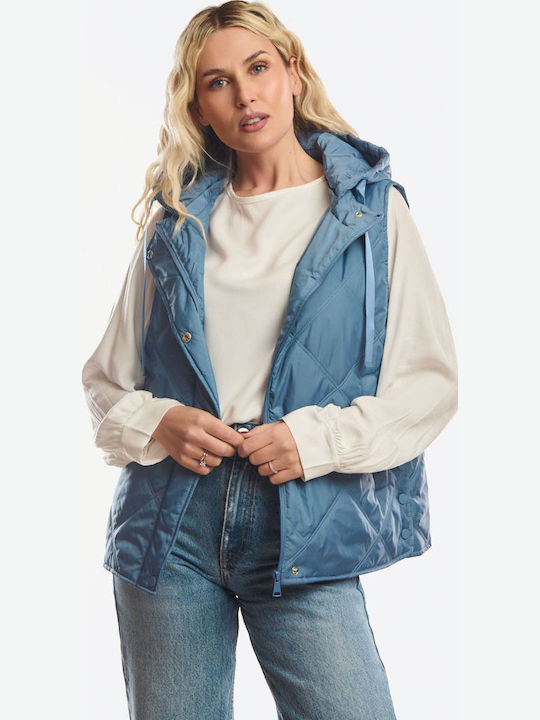 Long Women's Sleeveless Jacket for Winter Blue