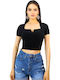 Γυναικείο Καλοκαιρινό Crop Top Βαμβακερό Κοντομάνικο Μαύρο