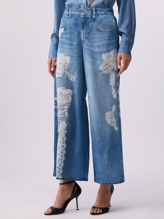 Pantaloni Dama Satin Largi Cu Pantaloni Evazați Albaștri