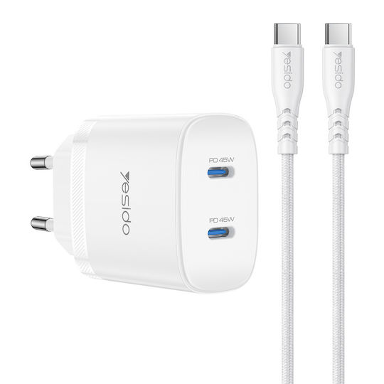 Yesido Yesido Φορteur Mit 2 USB-C Ausgangsanschlüsse Und USB-C Kabel 45W Stromlieferung Weiß (YC109)