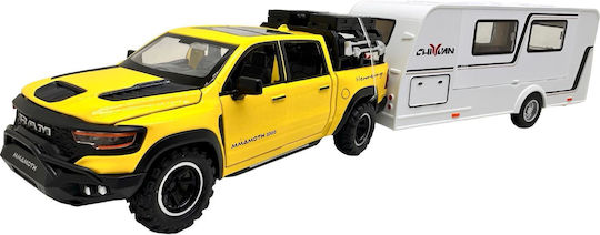 Model Metalic Ford Ram Pickup Galben Remorcă Camping 1:32 Lumini Sunete Uși Deschise