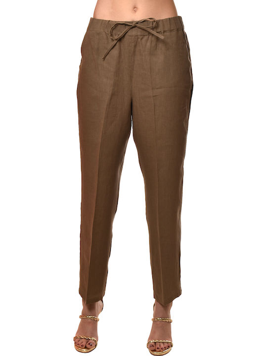 Women's Fabric Trousers with Rubber Band Brown