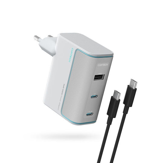 Cuktech Φορτιστής GaN με Θύρα USB-A και 2 Θύρες USB-C και Καλώδιο USB-C - USB-C 100W Λευκός (AD1003EU)