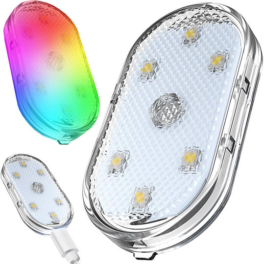 Lampă Ambientală Auto Led RGB Zola 8 Moduri de Iluminare Suport Magnetic 6 Leduri Alimentată cu Baterii 5.5 X 2.5 Cm Transparentă