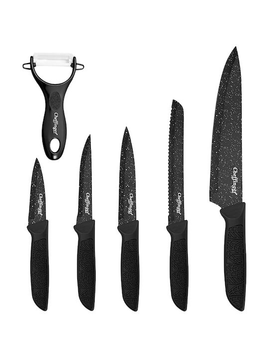 Cheffinger Set 6 Non-stick Marble-effect Knives Peeler Black