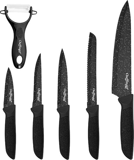 Cheffinger Set 6 Non-stick Marble-effect Knives Peeler Black