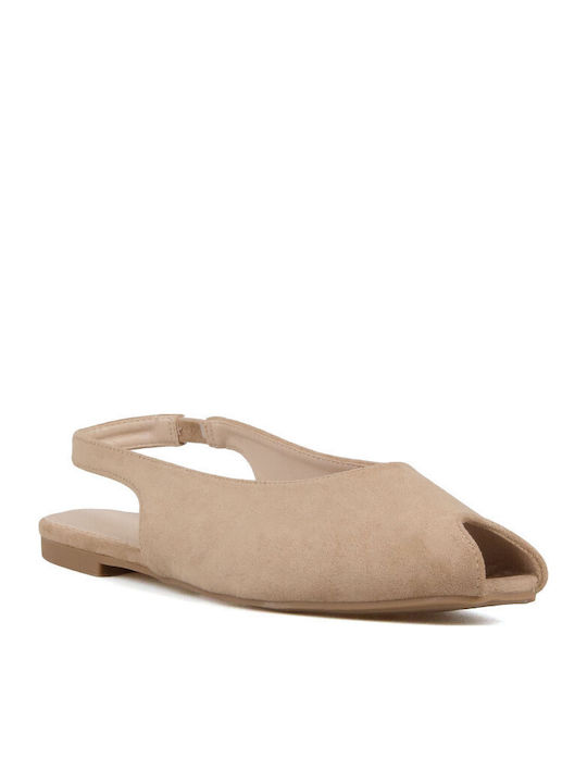 Suede Women's Ballerina Shoes With Strap In Beige Colour