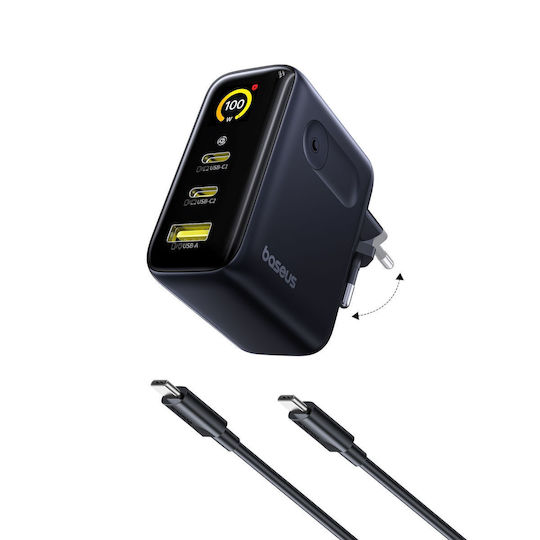 Baseus GaN Charger with USB-A Port and 2 USB-C Ports and USB-C - USB-C Cable 100W Power Delivery Black (PicoGo AE21)