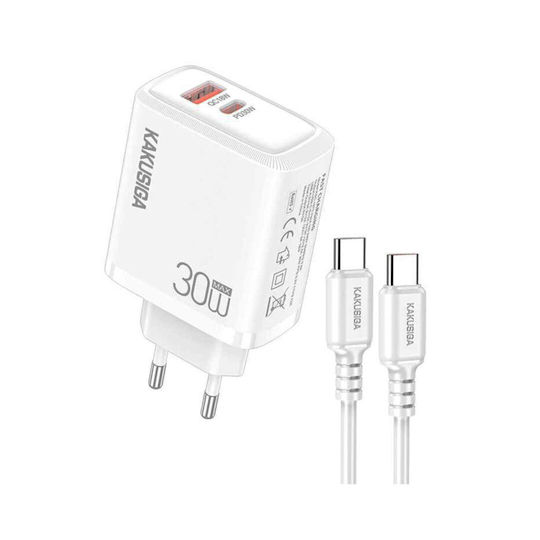 Kakusiga Φορτιστής με Θύρα USB-A και Θύρα USB-C και Καλώδιο USB-C - USB-C 30W Power Delivery / Quick Charge 3.0 Λευκός (KSC-1674)
