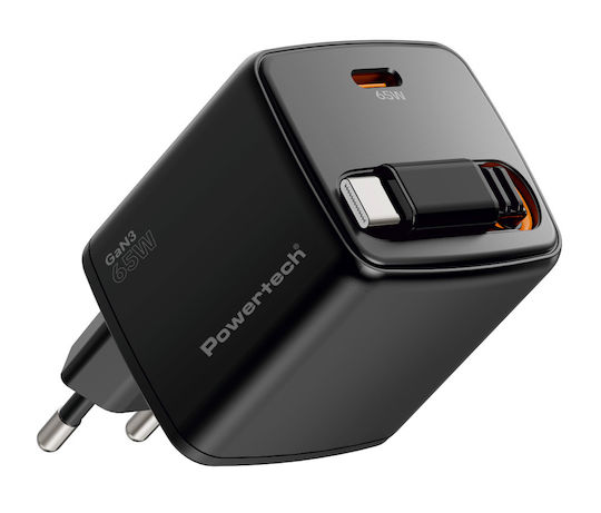 Powertech Charger with Integrated GaN Cable with USB-C Port USB-C 65W Power Delivery / Quick Charge 2.0 / Quick Charge 3.0 / Quick Charge 4.0 Black (PT-1573)