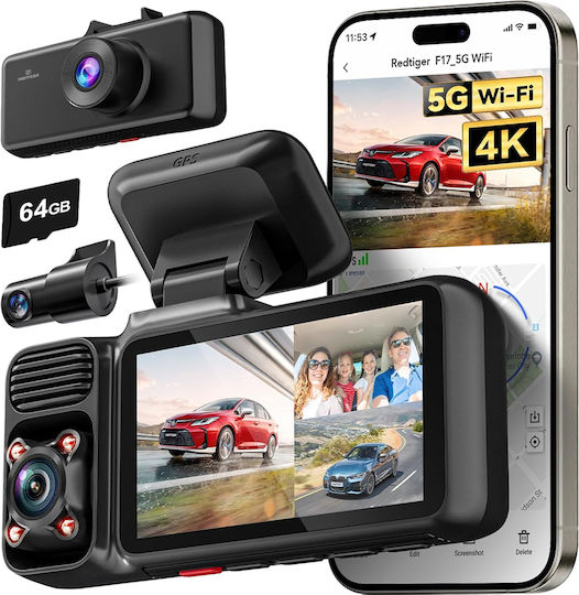 Redtiger F17 Elite Κάμερα DVR Αυτοκινήτου 4K με Οθόνη 3" Wi-Fi, GPS
