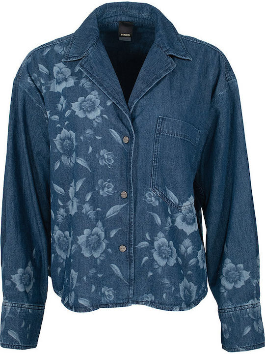 Long Sleeve Women's Denim Shirt Blue Floral
