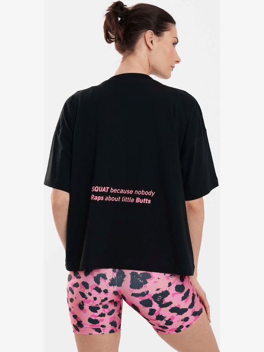 Embroidery And Silk Print Women's Oversized Crop T-shirt Striped Black