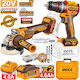 Ingco Battery Tool Set Angle Grinder & Impact Drill Driver 20V with 2 Batteries and Case