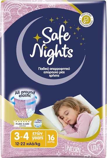 Детско Абсорбиращо Нощно Бельо за Момичета на 3–4 години (12–22 kg) Safe Nights – 16 бр. / Нощни Памперси с Допълнителна Абсорбираща Способност