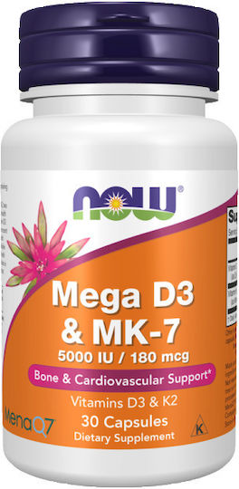 Now Foods Mega D3 & MK-7 Βιταμίνη για την Υγεία των Οστών 5000iu 30 φυτικές κάψουλες 1τμχ 1τμχ
