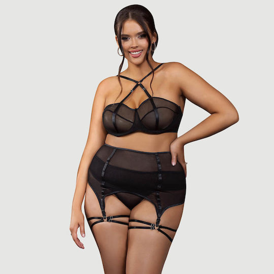 Plus Size Transparent Lingerie Set Underwire And Garters Mesh Black