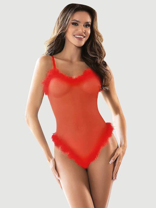 Plus Size Sexy Bodysuit with Transparency Red