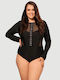 Plus Size Κορμάκι Hook Buckles Long Sleeve Slim Mesh Bodysuit Μαύρο