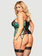 Plus Size Lace Bodysuit Garters & Underwire Flocking Lace Garter Teddy Green