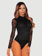 Κορμάκι Μανίκια Minimalist High Neck Mesh Plus Size Bodysuit Μαύρο