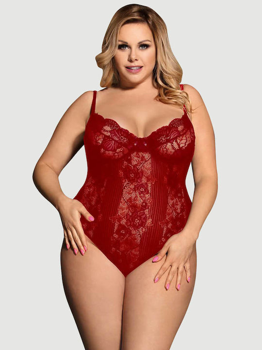 Plus Size Κορμάκι Glamour Underwire Hollywood Sheer Lace Teddy Κόκκινο